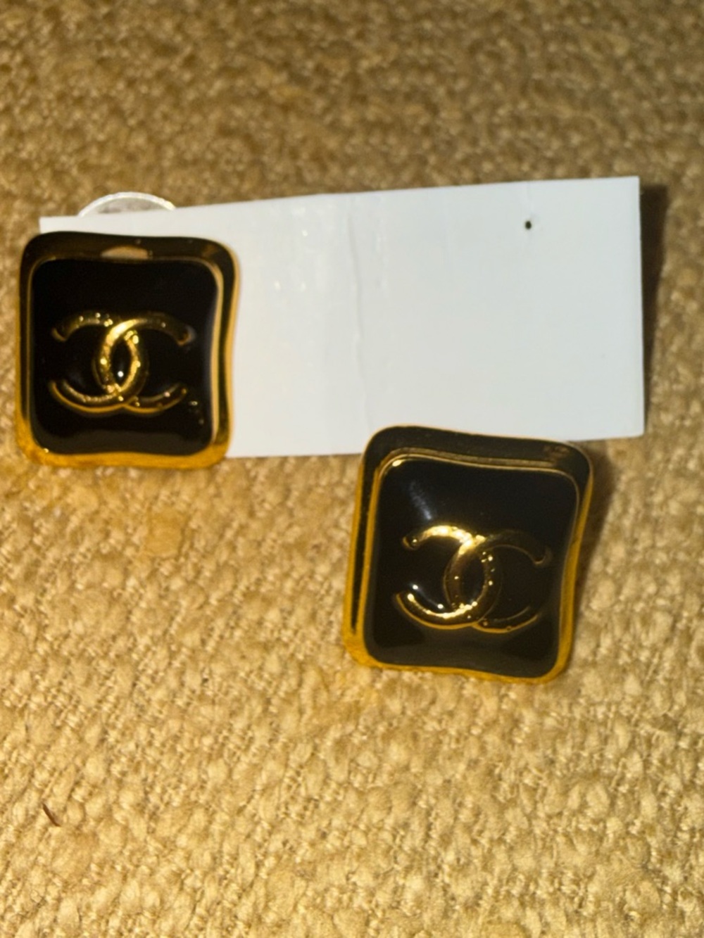 Classic Black and Gold Logo Square Clip-On Earrings